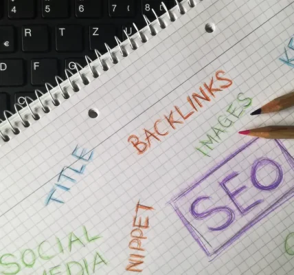 Notebook with handwritten SEO and keyword research notes