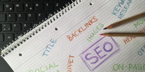 Notebook with handwritten SEO and keyword research notes